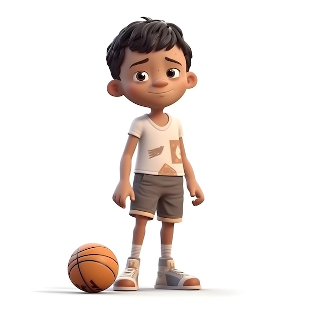 흰색 배경에 농구와 어린 소년의 3D 렌더링