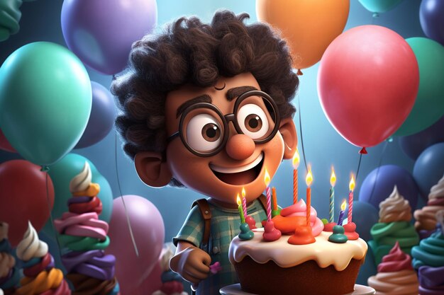 Foto rendering 3d di un ragazzino con torta di compleanno e palloncini