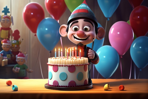 誕生日のケーキと風船の小さな男の子の3Dレンダリング