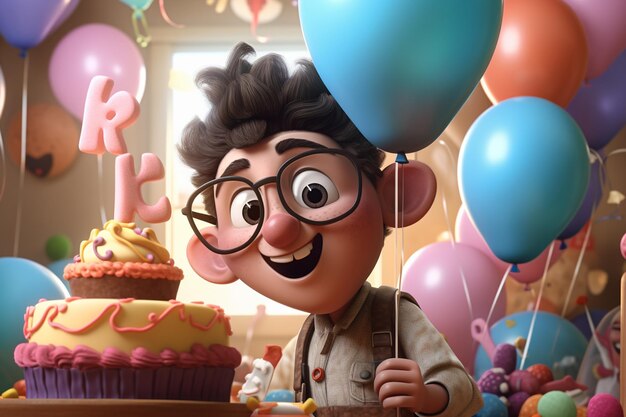 Foto rendering 3d di un ragazzino con torta di compleanno e palloncini