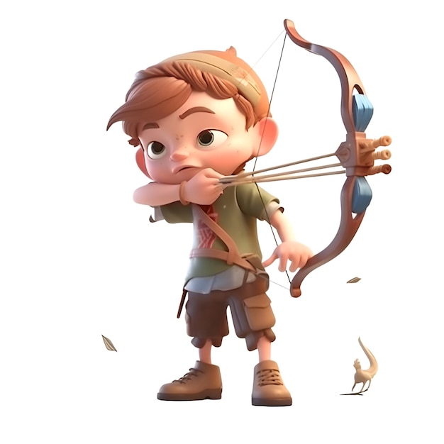 3D Render of a Little Boy with Bow and Arrow on White Background