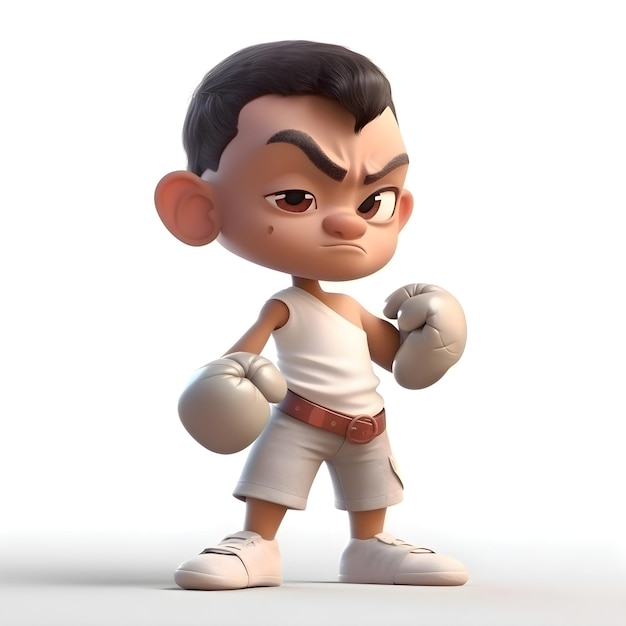 3D-рендер маленького мальчика с боксерскими перчатками и футболкой