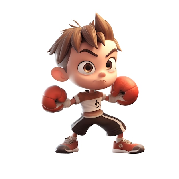 Photo 3d render of a little boy with boxing gloves on white background