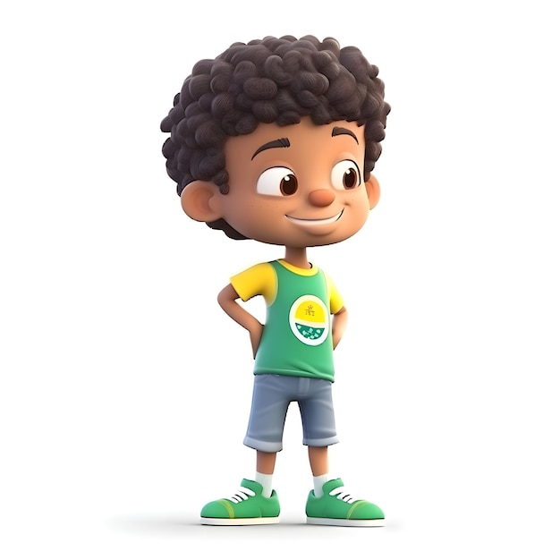 Photo 3d render of a little boy with brazilian flag on his shirt