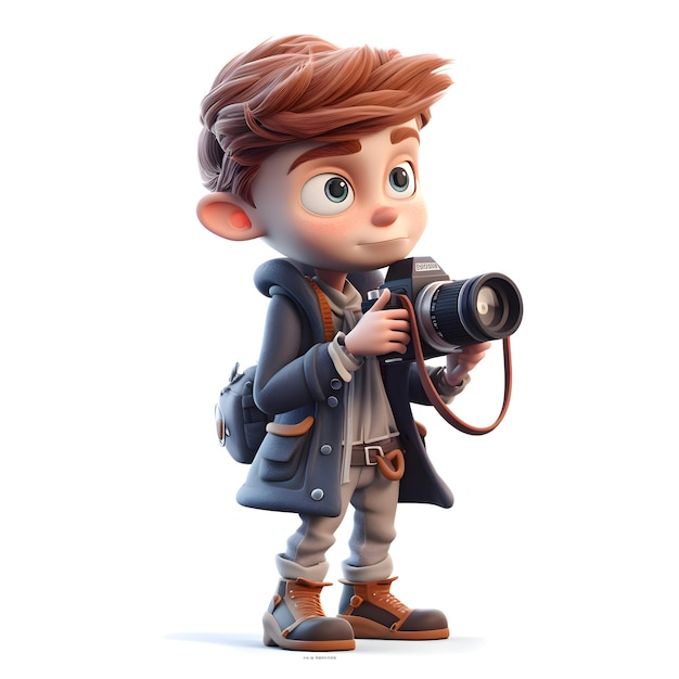 3D Render of a Little Boy with a Camera on White Background