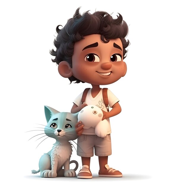 Foto render 3d di little boy con gatto e gatto su sfondo bianco