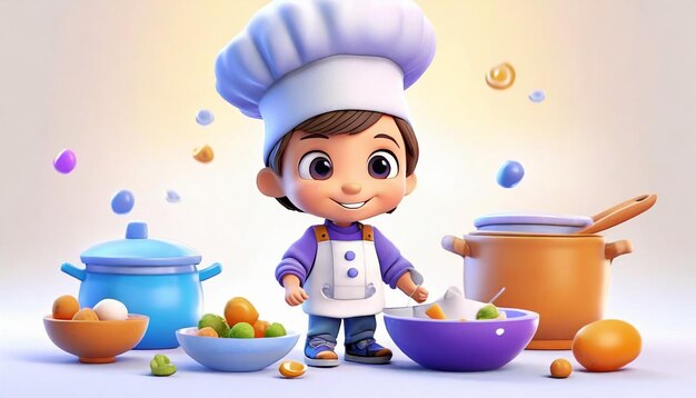 3D Render of a Little Boy with a Chef's Hat Cooking