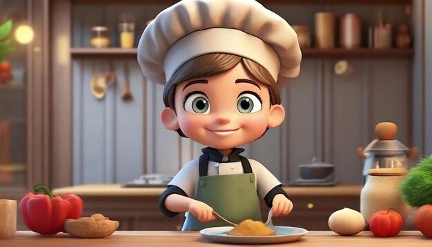 3D Render of a Little Boy with a Chef's Hat Cooking