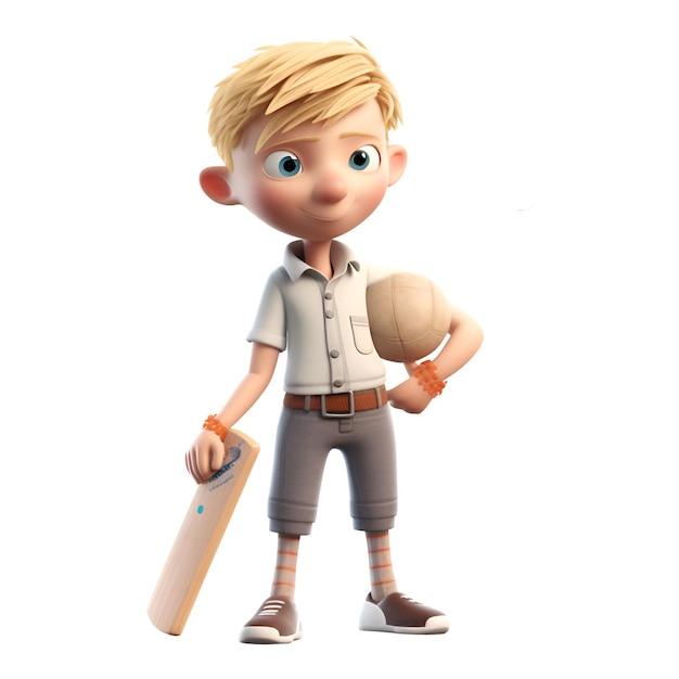 3D Render of a Little Boy with a cricket bat and ball