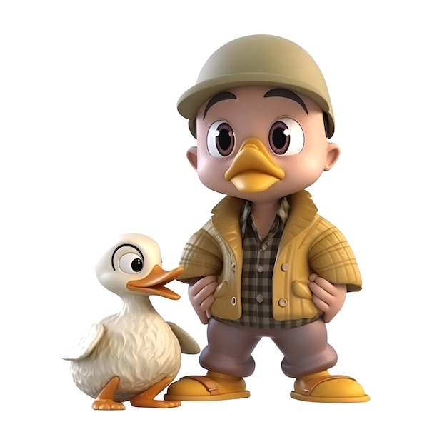 3D Render of a little boy with duckling toy isolated on white