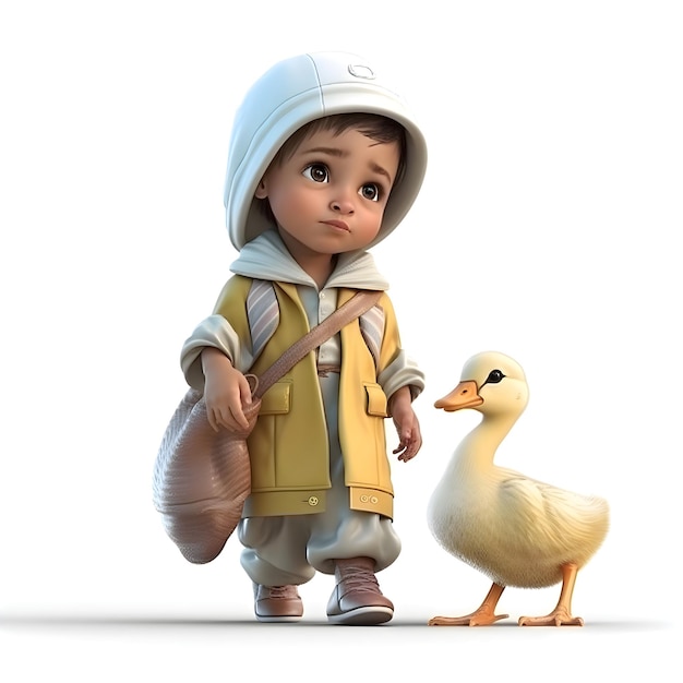 3D Render of a Little Boy with duckling on white background