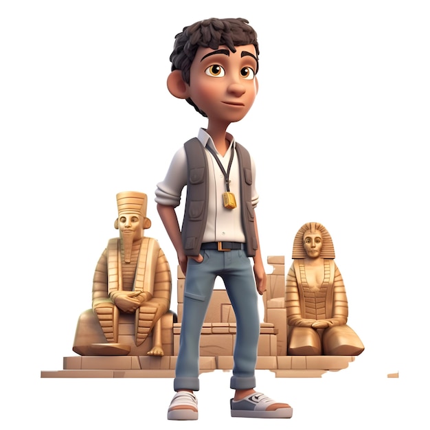 A 3D Render of a Little Boy with Egyptian Sphinxes