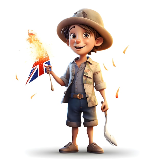 3D Render of a Little Boy with flag and spoon on fire