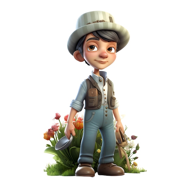 3D Render of Little Boy with Gardener hat and tulips