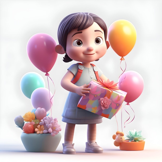 3D Render of a Little Boy with a gift box and balloons