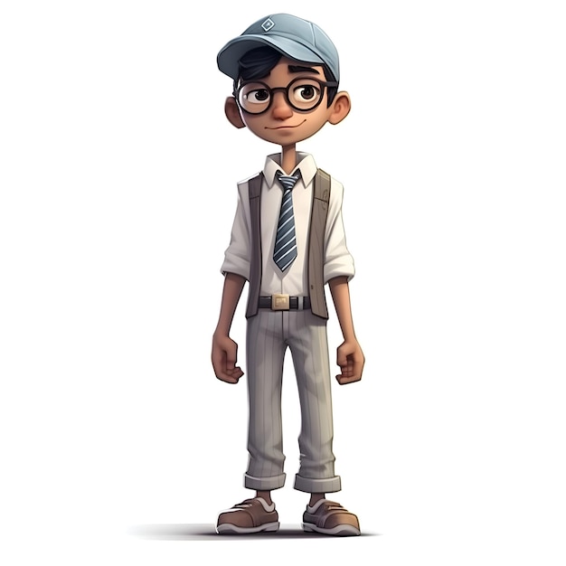 3D визуализация маленького мальчика в очках и кепке на белом фоне