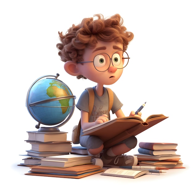 Photo 3d render of a little boy with globe and books on white background