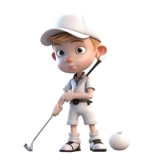 3D Render of a Little Boy with golf club and golf ball