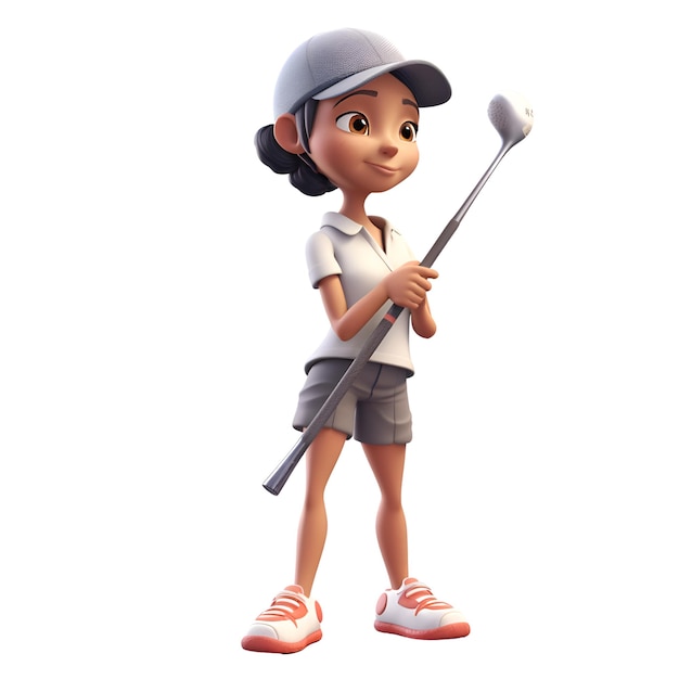 3D визуализация маленького мальчика с клюшкой для гольфа на белом фоне