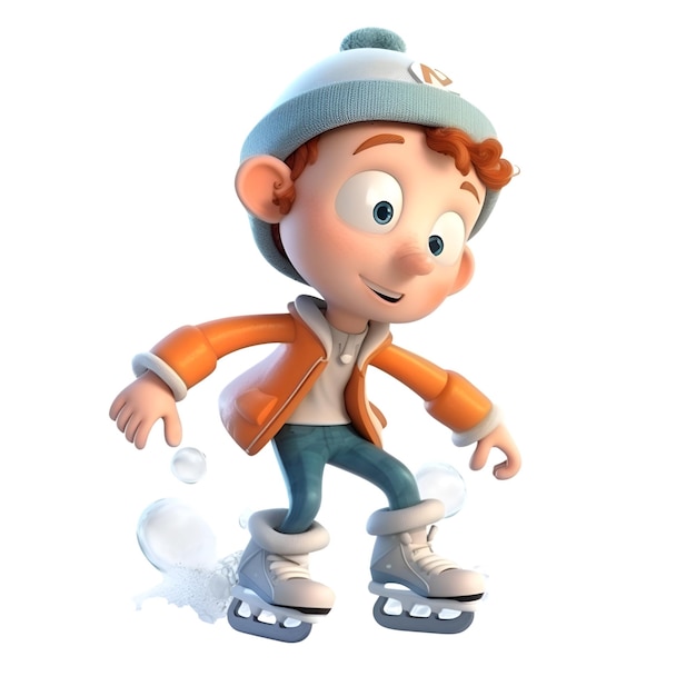 Photo 3d render of a little boy with ice skates and hat