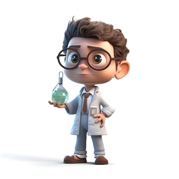 3D Render of a Little Boy with lab coat and glasses holding a flask