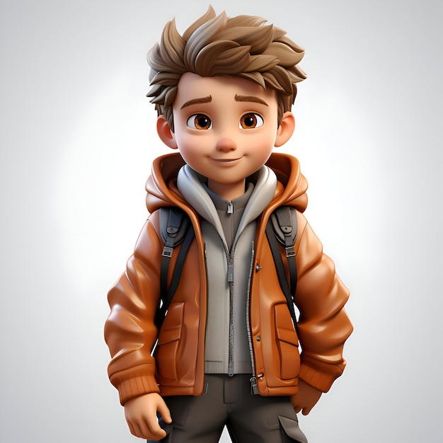 3D-рендер маленького мальчика с кожаной курткой и рюкзаком