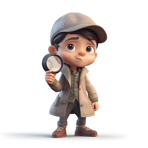 3D Render of a Little Boy with magnifying glass on white background