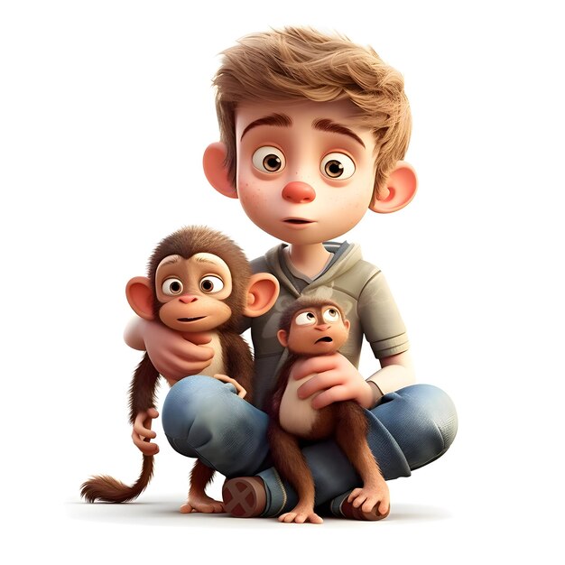 3D Render of a Little Boy with a Monkey on White Background