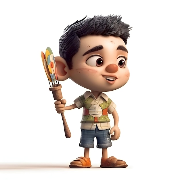 3D Render of a Little Boy with Paint Brush on White Background