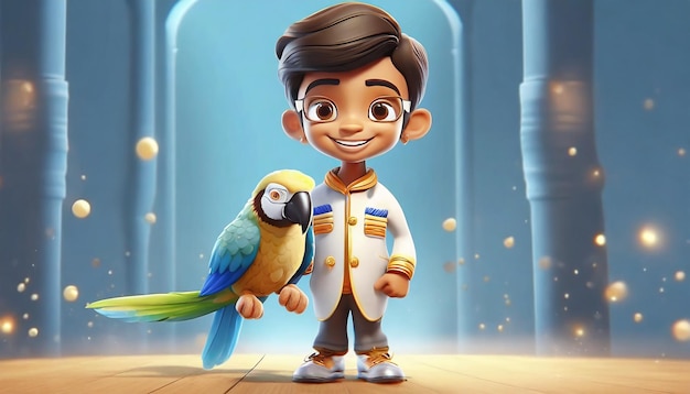 3D Render of a Little Boy with Parrot