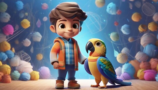 3D Render of a Little Boy with Parrot