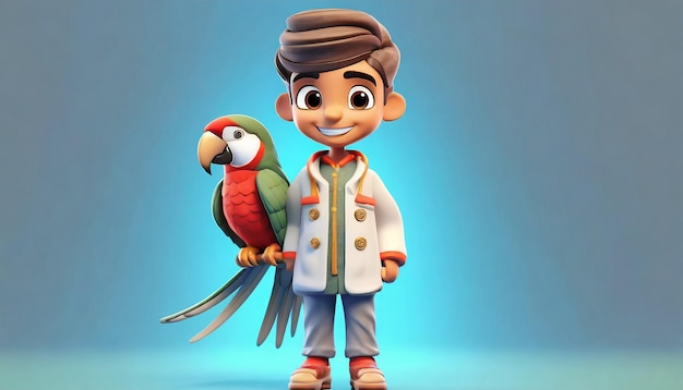 3D Render of a Little Boy with Parrot