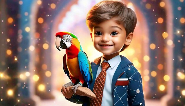 3D Render of a Little Boy with Parrot