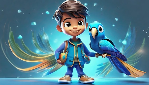 3D Render of a Little Boy with Parrot