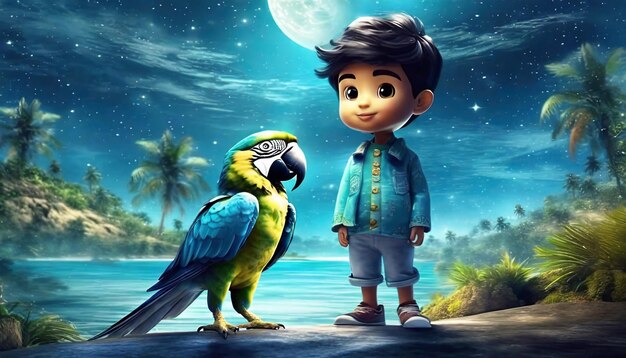 3D Render of a Little Boy with Parrot