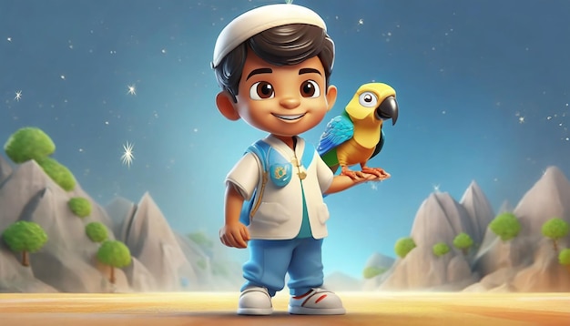 3D Render of a Little Boy with Parrot