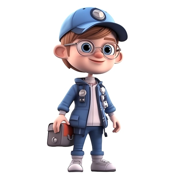 Foto rendering 3d di un ragazzino con cappello di polizia e uniforme blu