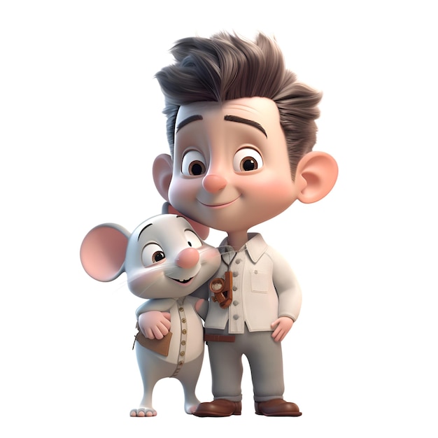 3D Render of a Little Boy with a Rat on White Background