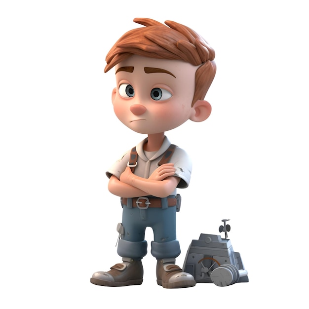 3D Render of a Little Boy with a Robot on White Background