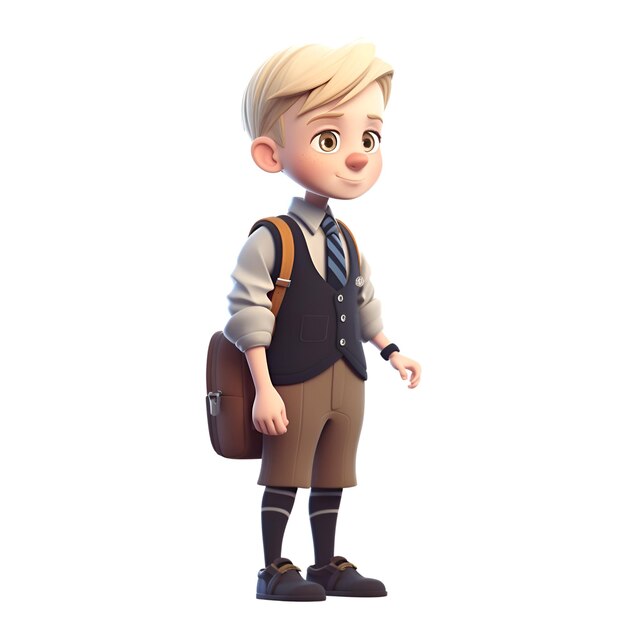 3D Render of a Little Boy with School Bag on White Background