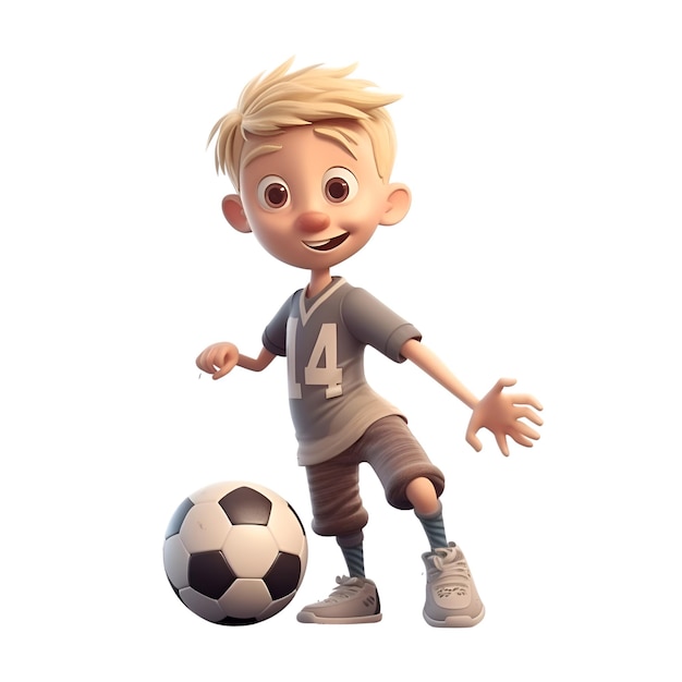 白い背景に分離されたサッカー ボールを持つ小さな男の子の 3 D レンダリング