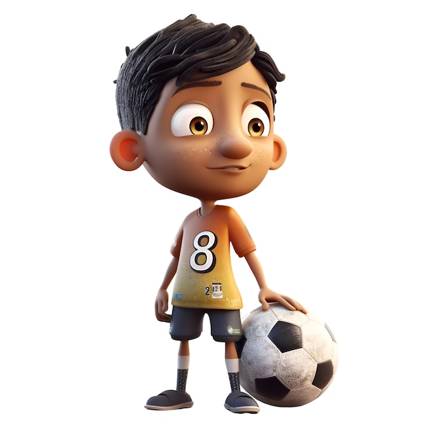 색 배경에 고립된 축구공을 가진 작은 소년의 3D 렌더링