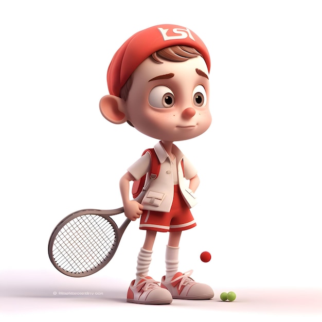 3D Render of a Little Boy with Tennis Racket and Ball