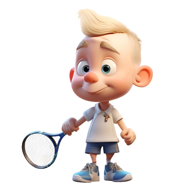 3D Render of a Little Boy with tennis racket isolated on white background