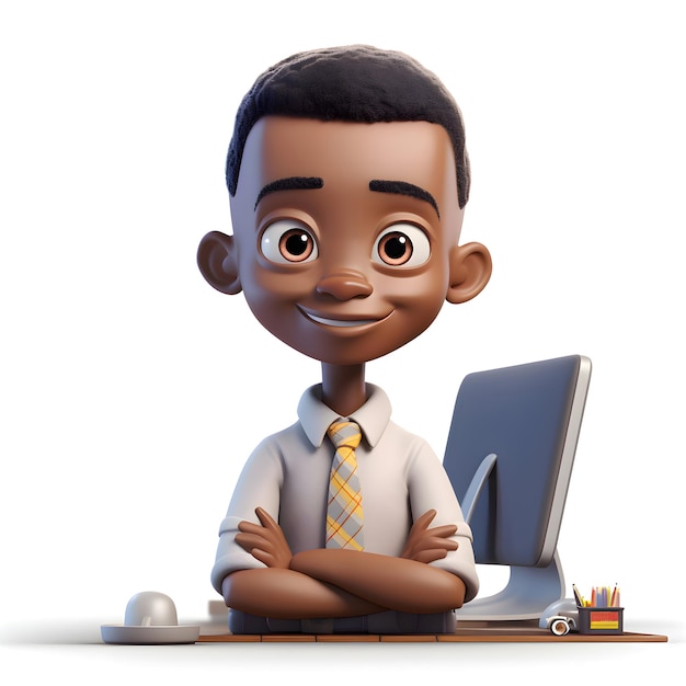 3D Render of a Little Business Boy with Computer isolated on white background