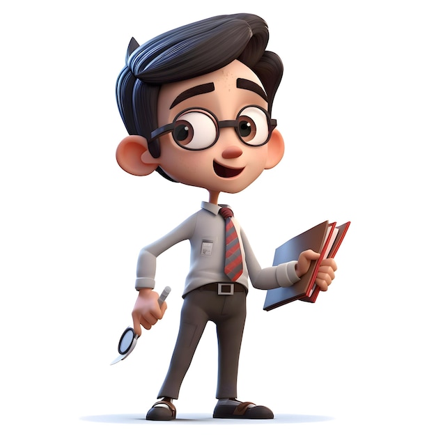 3D Render of Little Business Man with magnifying glass and folder