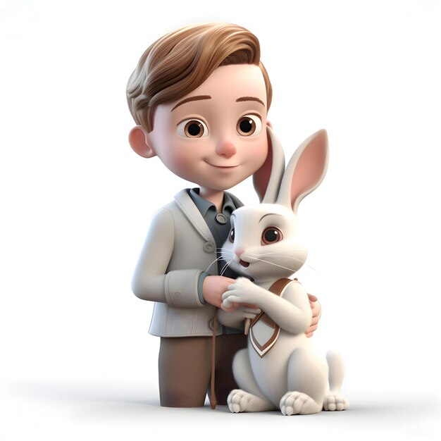 3D Render of a Little Businessman with Bunny on White Background