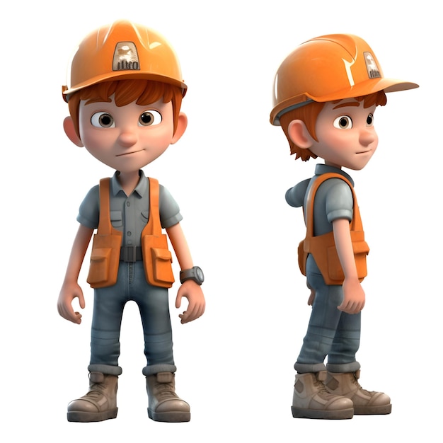 3D визуализация маленького строителя в оранжевом шлеме и жилете