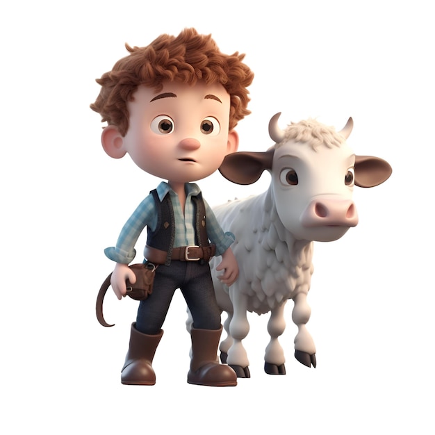 3D Render of a Little Cowboy with a Cattle on White Background