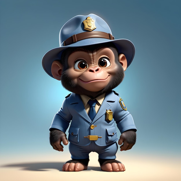 Foto rendering 3d di una piccola scimmia detective con cappello della polizia e uniforme blu